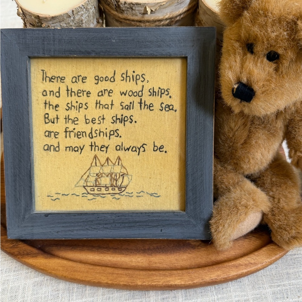 Hand Stitched Friendship Quote Framed Wall Art Primitive Wood Nautical Coastal
